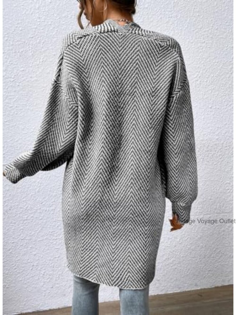 Womens Open Front Chevron Cardigan Sweater 100% Acrylic Long Sleeve - Picture 2 of 6